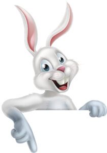 A happy cartoon white bunny rabbit pointing down, could be the Easter Bunny